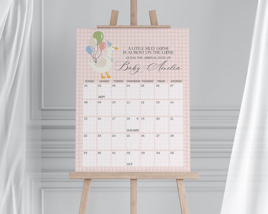 Pink Floral Silly Goose Baby Shower Guess the Date Game Template, Little Duck Theme Shower Girl, Pastel Floral Gingham Baby Sprinkle WP1022