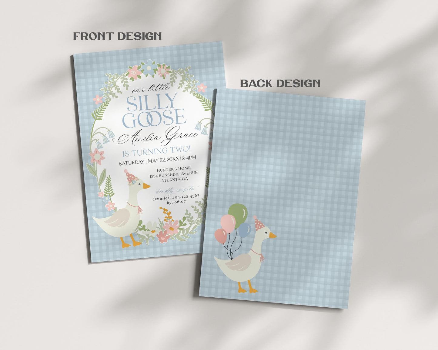 Blue Floral Silly Goose Birthday Invitation Printable Template, Little Duck Theme Birthday Girl, Pastel Floral Gingham Birthday WP1023