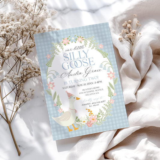 Blue Floral Silly Goose Birthday Invitation Printable Template, Little Duck Theme Birthday Girl, Pastel Floral Gingham Birthday WP1023