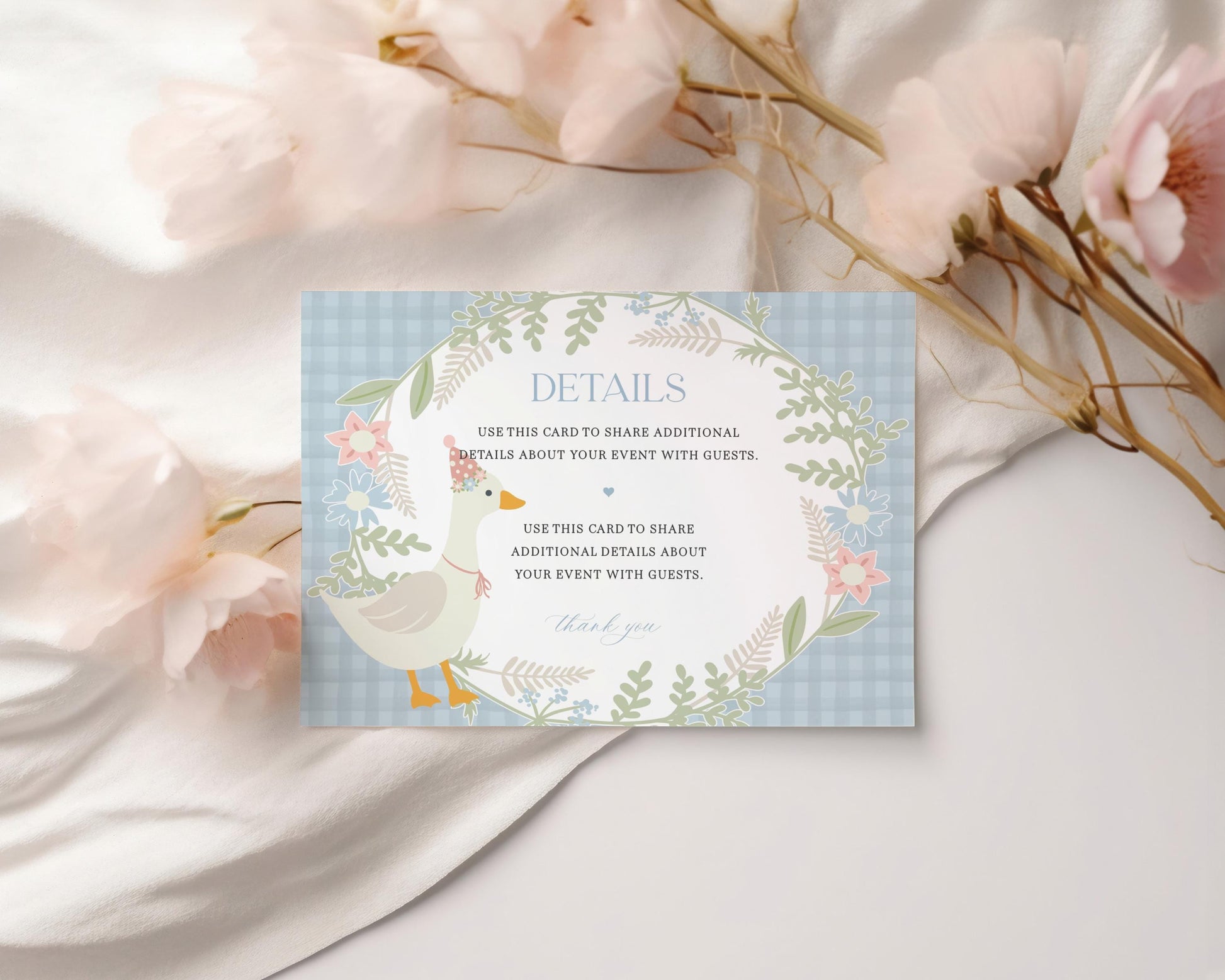 Blue Floral Silly Goose Birthday Invitation Printable Template, Little Duck Theme Birthday Girl, Pastel Floral Gingham Birthday WP1023