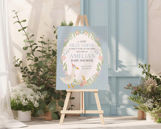 Blue Floral Silly Goose Baby Shower Welcome Sign Printable Template, Little Duck Theme Shower Girl, Pastel Gingham Baby Sprinkle WP1023