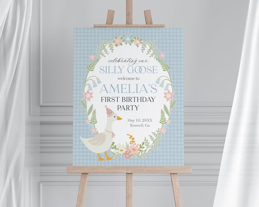 Blue Floral Silly Goose Birthday Welcome Sign Printable Template, Little Duck Theme Birthday Girl, Pastel Floral Gingham Birthday WP1023