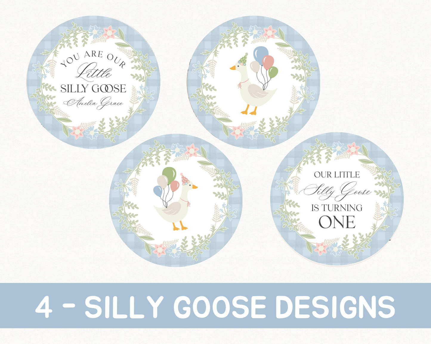 Blue Floral Silly Goose Birthday Cupcake Toppers Template, Little Duck Theme 1st Birthday Girl, Pastel Floral Gingham Birthday Decor WP1023