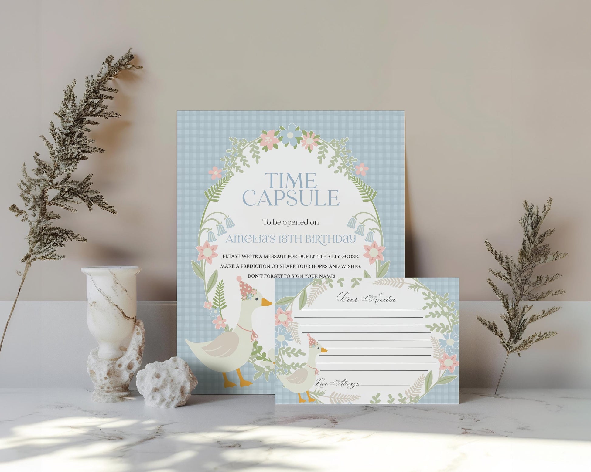 blue-floral-silly-goose-time-capsule-printable-template-wilde-peach-party for Free Printable First Birthday Time Capsule Template Blue Floral Silly Goose Time Capsule Printable Template – Wilde Peach Party for Free Printable First Birthday Time Capsule Template
