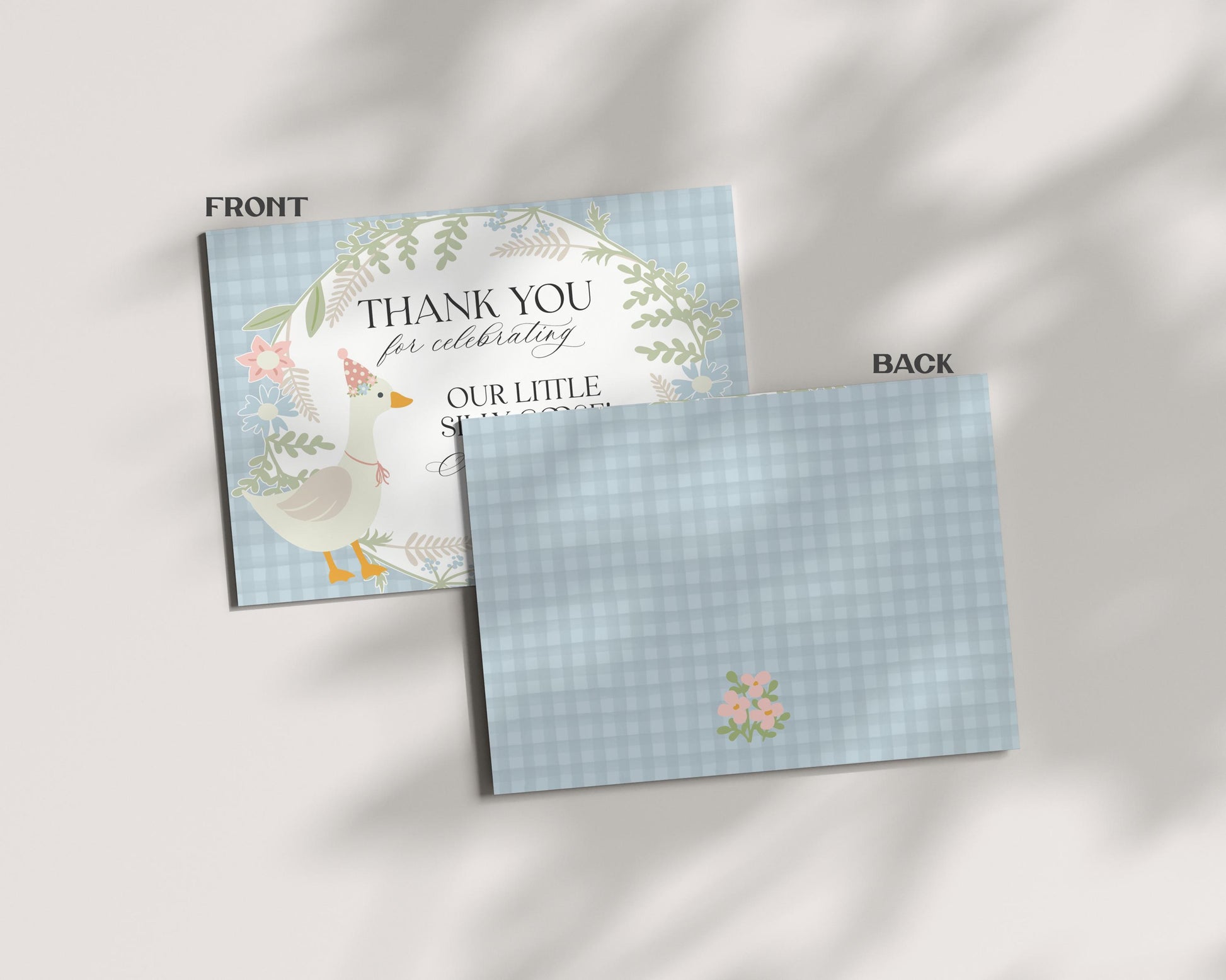 Blue Floral Silly Goose Thank You Card Printable Template, Little Duck Theme Girl Birthday Party, Pastel Gingham Baby Shower Sprinkle WP1023