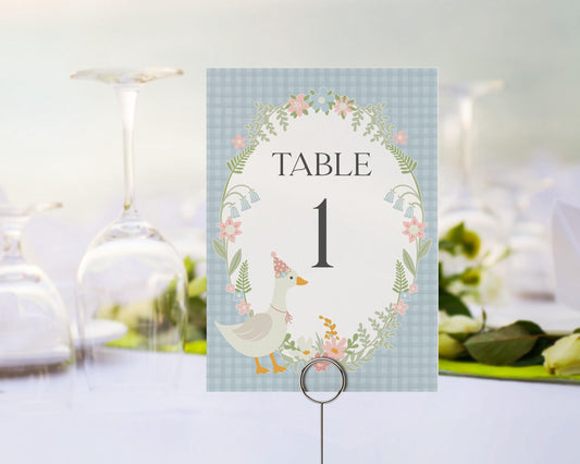 Blue Floral Silly Goose Table Number Cards Printable Template, Little Duck Theme Girl Birthday, Pastel Gingham Baby Shower Sprinkle WP1023