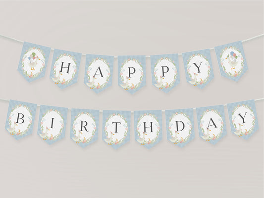 Blue Floral Silly Goose Happy Birthday Banner Printable Template, Little Duck Theme Birthday Girl, Pastel Gingham Birthday Party WP1023