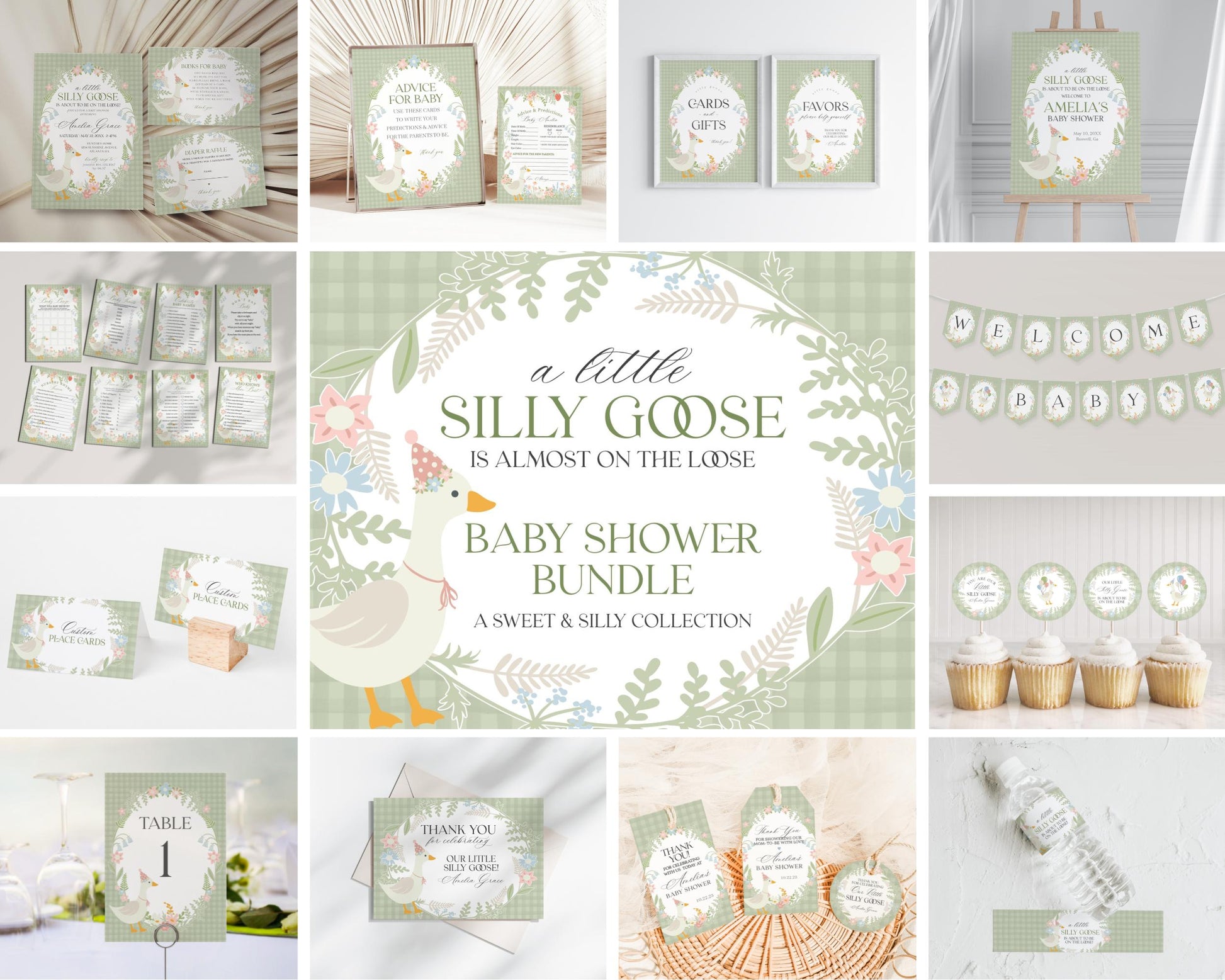 Green Floral Silly Goose Baby Shower Bundle Printable Template, Little Duck Theme Shower Girl, Pastel Floral Gingham Baby Sprinkle WP1024