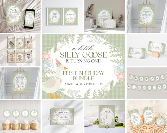 Green Floral Silly Goose First Birthday Bundle Printable Template, Little Duck Theme 1st Birthday Girl, Pastel Gingham Birthday WP1024