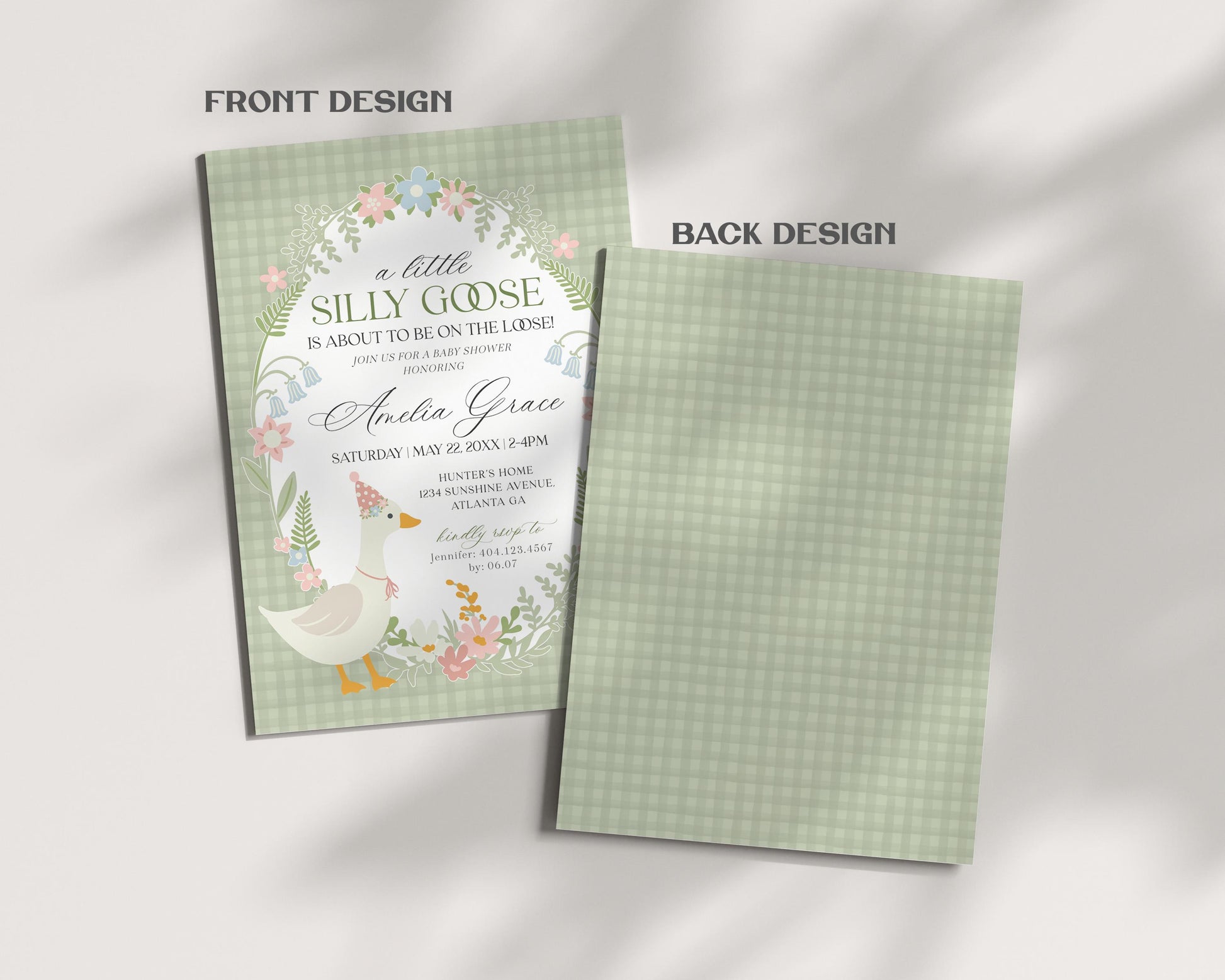 Green Floral Silly Goose Baby Shower Invitation Printable Template, Little Duck Theme Shower Girl, Pastel Gingham Baby Sprinkle WP1024