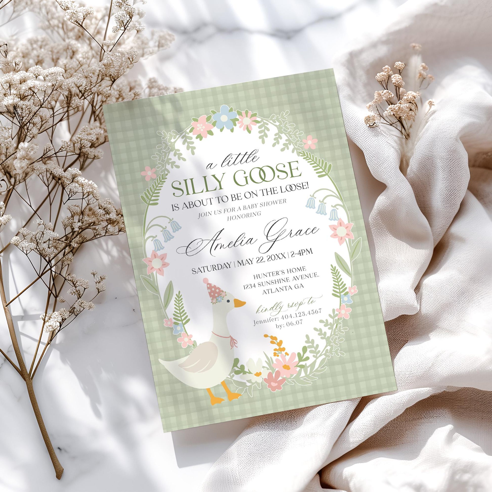 Green Floral Silly Goose Baby Shower Invitation Printable Template, Little Duck Theme Shower Girl, Pastel Gingham Baby Sprinkle WP1024