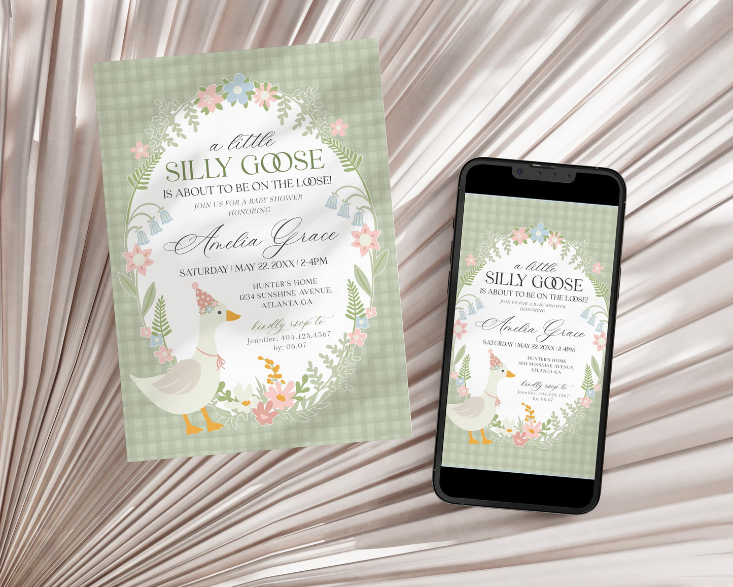 Green Floral Silly Goose Baby Shower Invitation Printable Template, Little Duck Theme Shower Girl, Pastel Gingham Baby Sprinkle WP1024