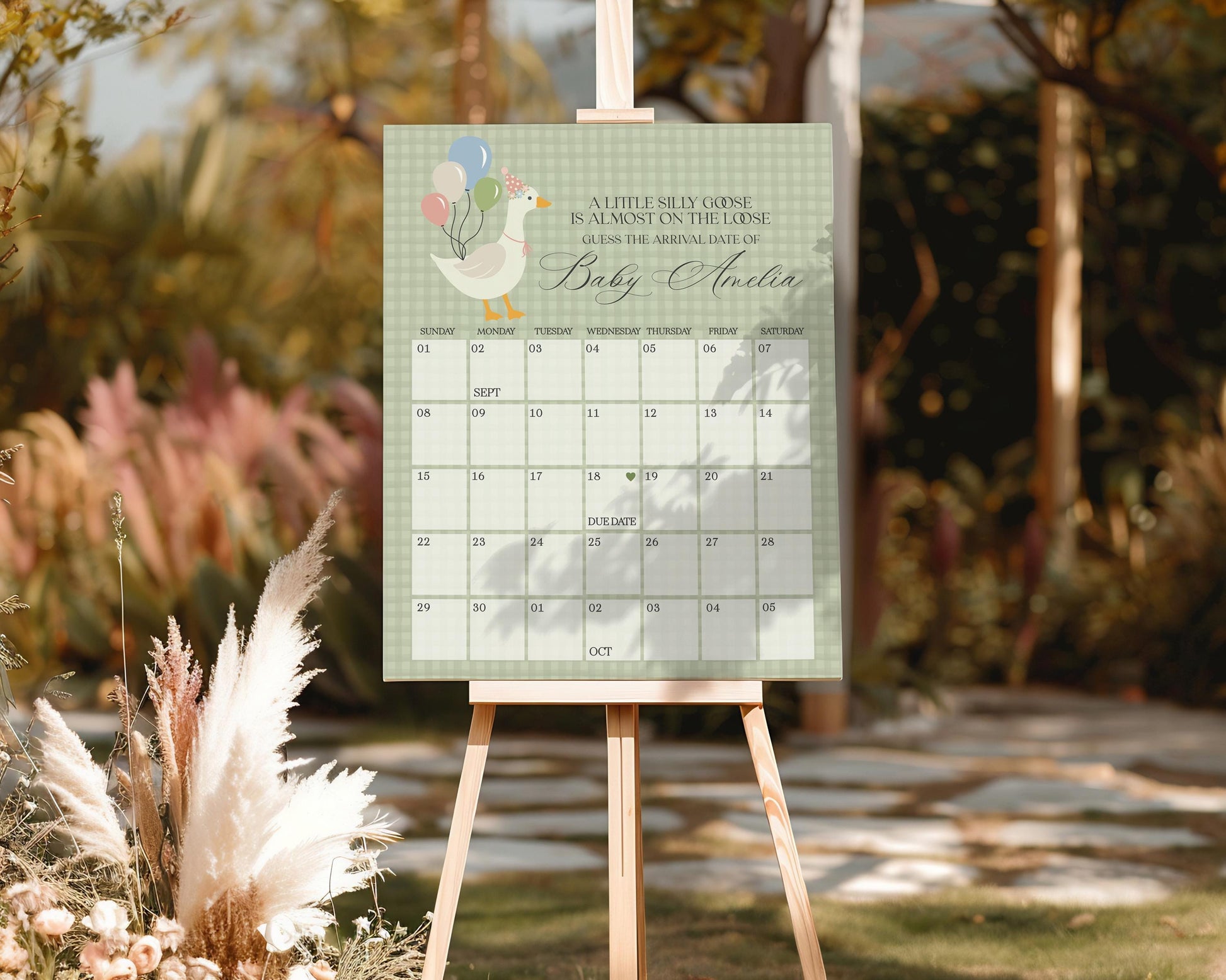 Green Floral Silly Goose Baby Shower Guess the Date Game Template, Little Duck Theme Shower Girl, Pastel Sage Gingham Baby Sprinkle WP1024