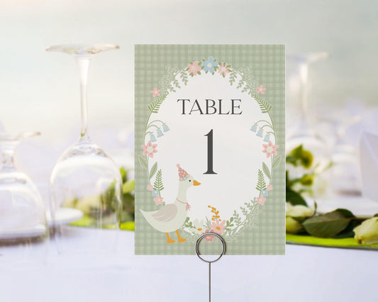 Green Floral Silly Goose Table Number Cards Printable Template, Little Duck Theme Girl Birthday, Pastel Gingham Baby Shower Sprinkle WP1024