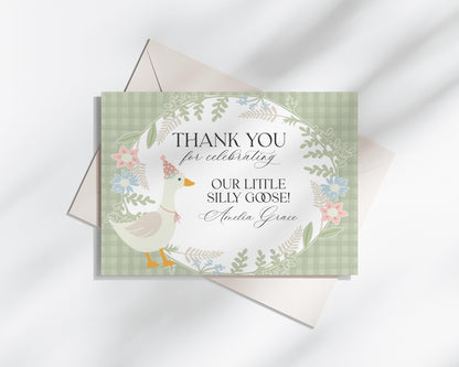 Green Floral Silly Goose Thank You Card Printable Template, Little Duck Girl Birthday Party, Pastel Gingham Baby Shower Sprinkle WP1024