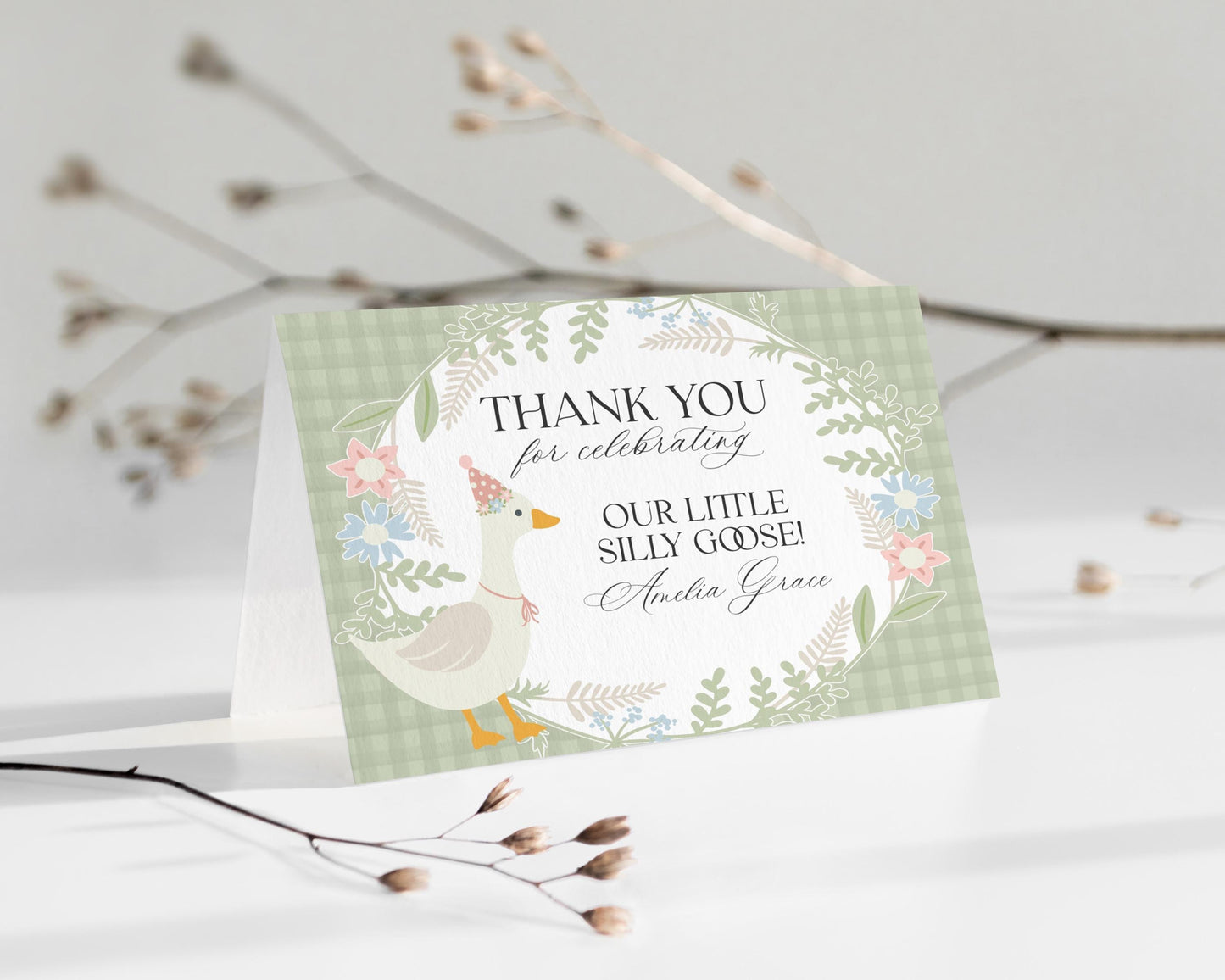 Green Floral Silly Goose Thank You Card Printable Template, Little Duck Girl Birthday Party, Pastel Gingham Baby Shower Sprinkle WP1024