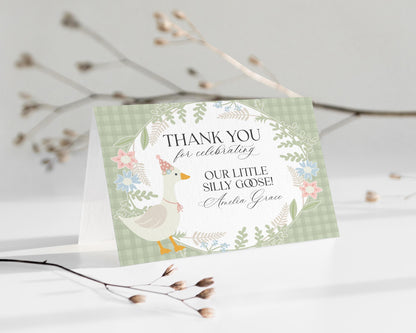 Green Floral Silly Goose Thank You Card Printable Template, Little Duck Girl Birthday Party, Pastel Gingham Baby Shower Sprinkle WP1024