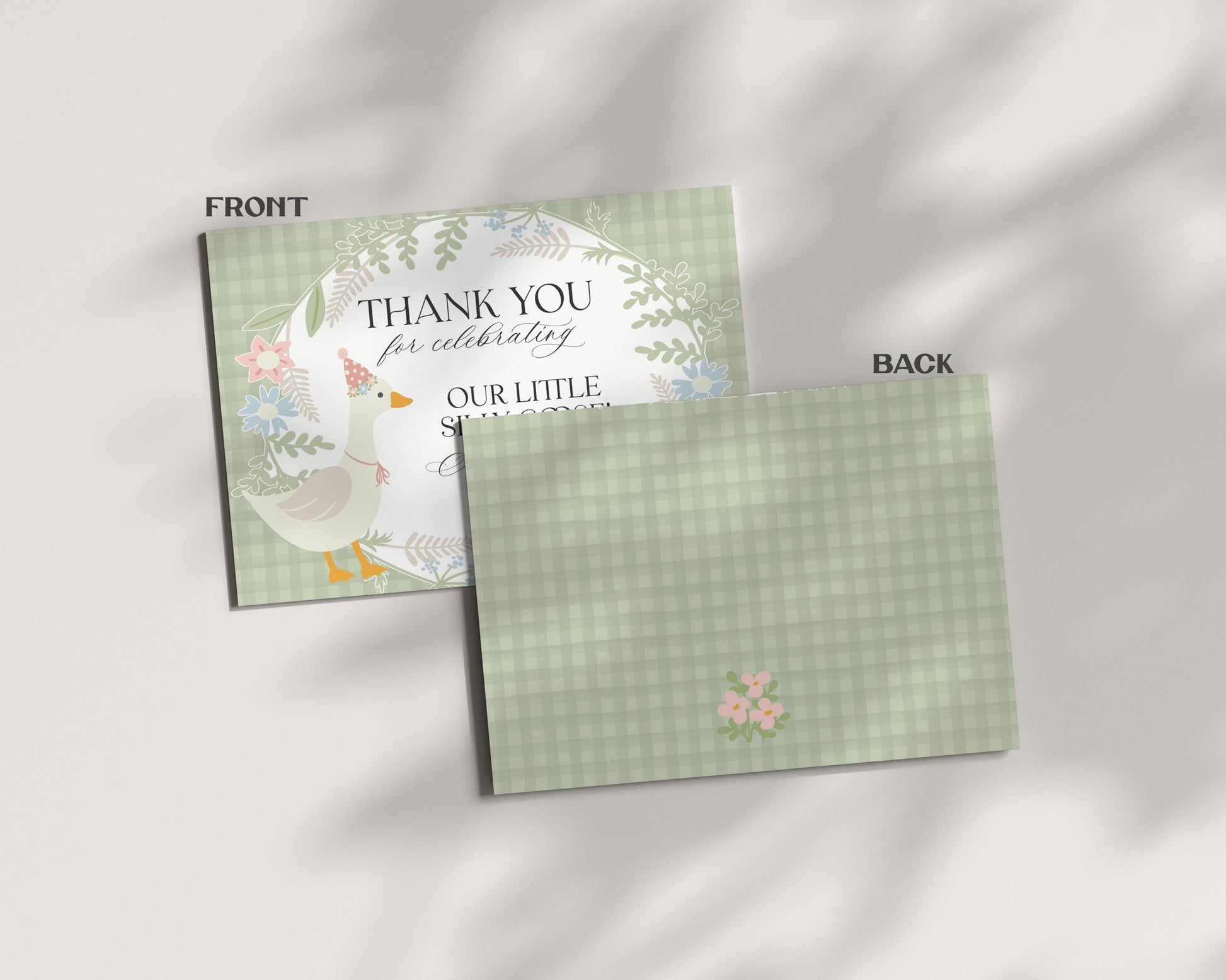 Green Floral Silly Goose Thank You Card Printable Template, Little Duck Girl Birthday Party, Pastel Gingham Baby Shower Sprinkle WP1024