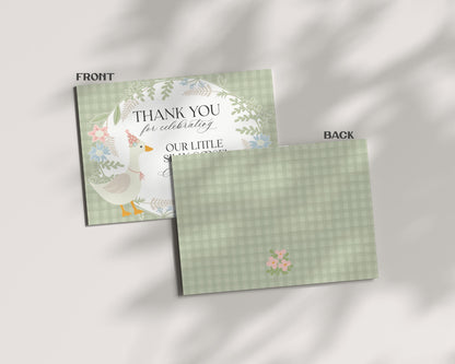 Green Floral Silly Goose Thank You Card Printable Template, Little Duck Girl Birthday Party, Pastel Gingham Baby Shower Sprinkle WP1024