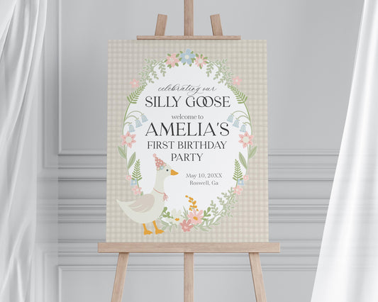 Beige Floral Silly Goose Birthday Welcome Sign Printable Template, Little Duck Theme Birthday Girl, Pastel Floral Gingham Birthday WP1025