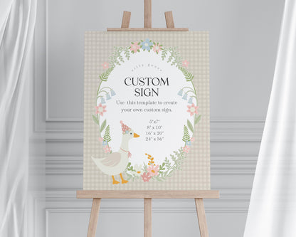 Beige Floral Silly Goose Custom Sign Printable Template, Little Duck Theme Girl Birthday Party, Pastel Gingham Baby Shower Sprinkle WP1025