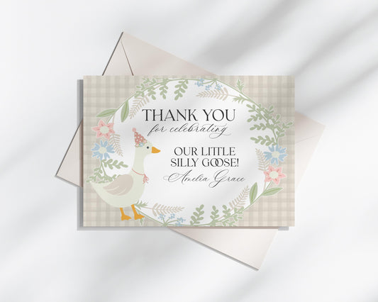 Beige Floral Silly Goose Thank You Card Printable Template, Little Duck Girl Birthday Party, Pastel Gingham Baby Shower Sprinkle WP1025