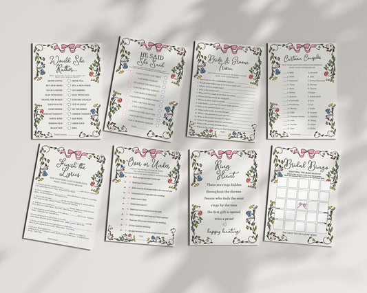 Whimsical Floral Bridal Shower Games Template, Hand Drawn Bridal Brunch, Retro French Garden Party, Illustrated Wildflower Doodle WP1026