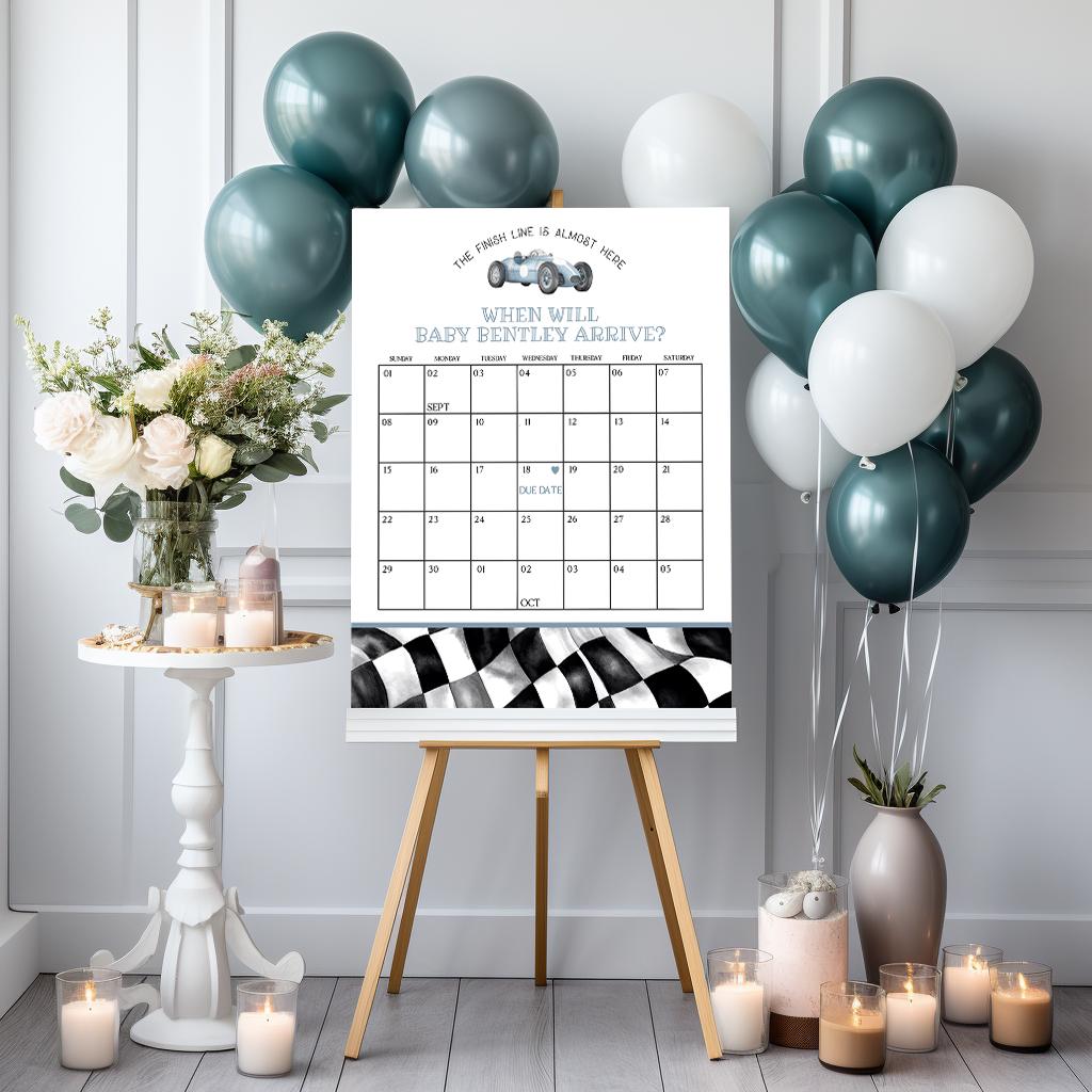 Blue Race Car Baby Shower Guess the Date Game Template