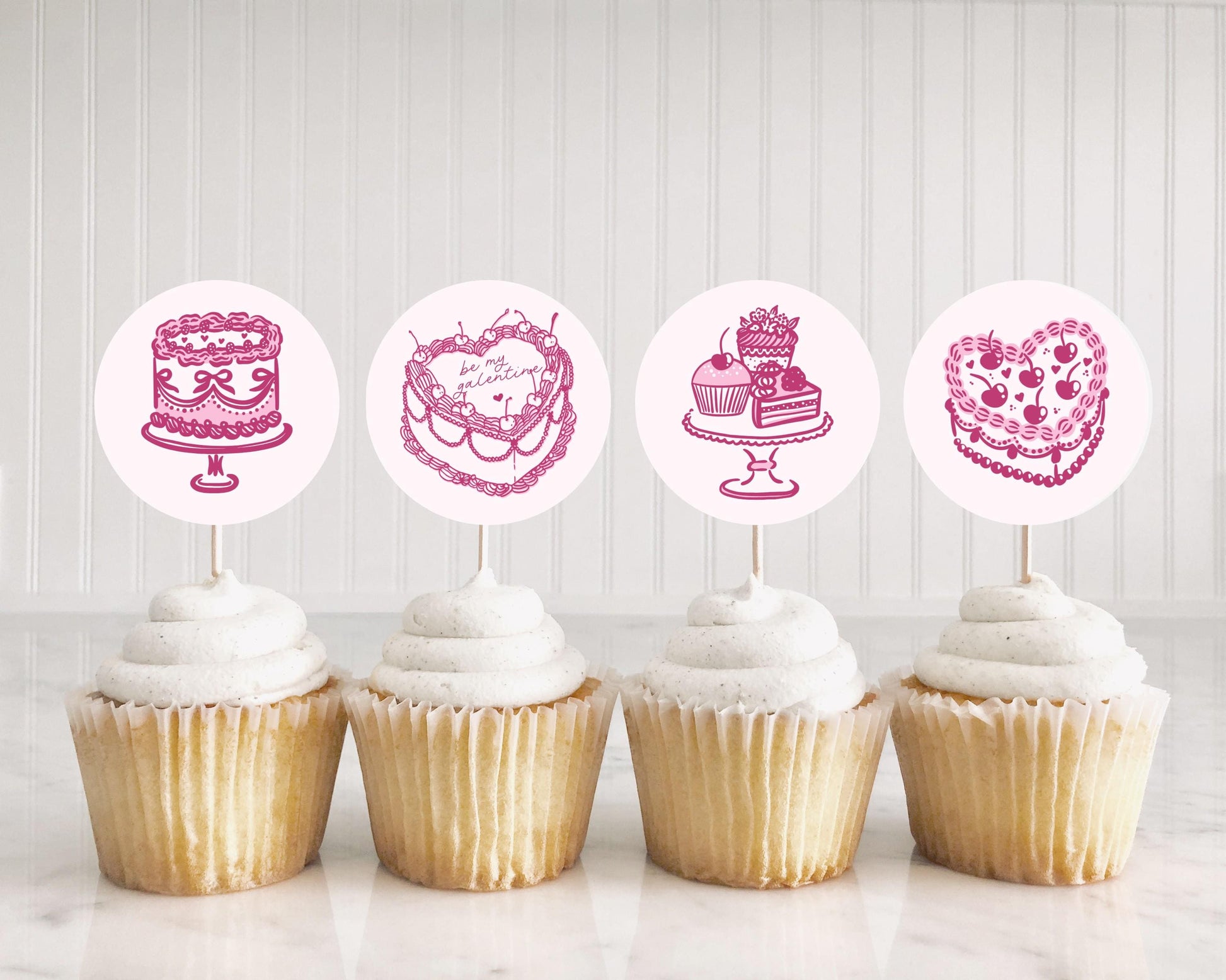 Pink Coquette Heart Cake Galentine Party Cupcake Toppers Printable Template