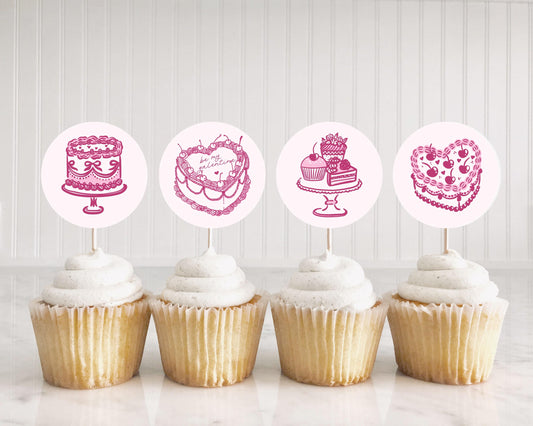 Pink Coquette Heart Cake Galentine Party Cupcake Toppers Printable Template