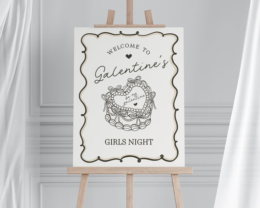 Beige Retro Coquette Heart Cake Galentines Party Welcome Sign Template