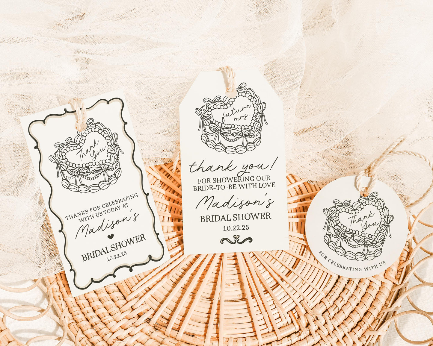 Beige Coquette Heart Cake Bridal Shower Favor Tags Printable Template, Vintage Black Bow Bridal Brunch Retro Wedding Cake WP1033