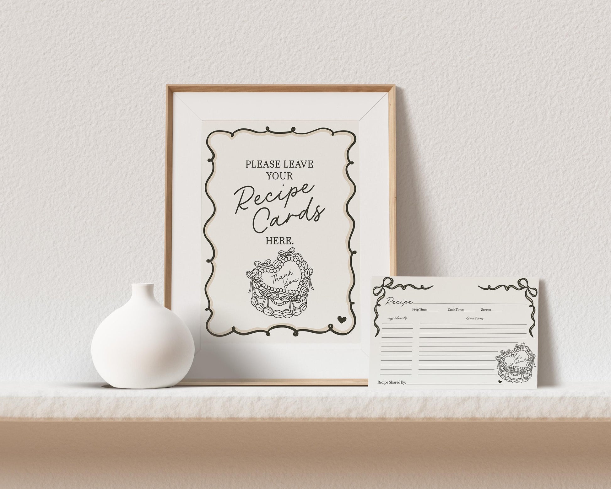 Beige Coquette Heart Cake Recipe Card Printable Template, Vintage Black Bow French Theme Retro Wedding Cake Bridal Brunch WP1033