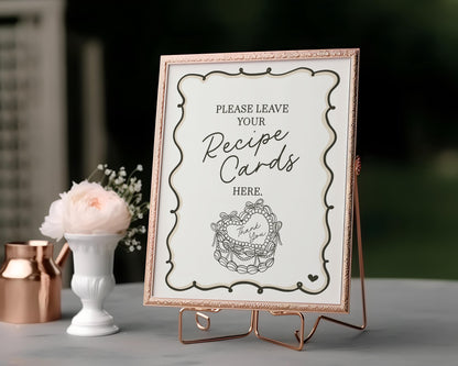 Beige Coquette Heart Cake Recipe Card Printable Template, Vintage Black Bow French Theme Retro Wedding Cake Bridal Brunch WP1033