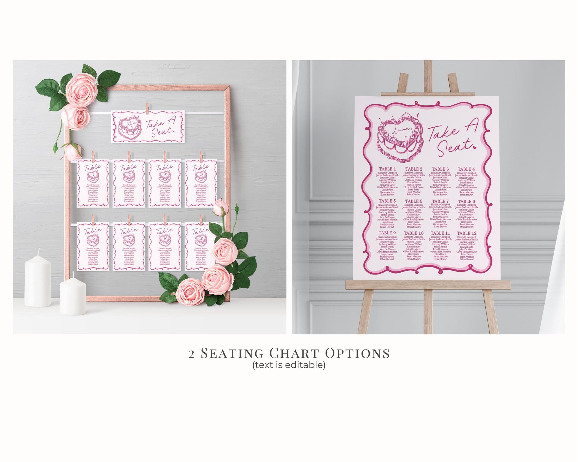 Pink Retro Heart Cake Seating Chart Printable Template, Vintage Bridal Shower Cherry Sweet February Theme Birthday Party Decor WP1008