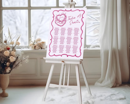 Pink Retro Heart Cake Seating Chart Printable Template, Vintage Bridal Shower Cherry Sweet February Theme Birthday Party Decor WP1008