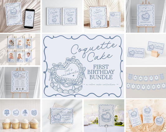 Blue Retro Heart Coquette Cake First Birthday Bundle Printable Template, Vintage Blue Bow Cake, Sweet February Birthday Party Decor WP1034