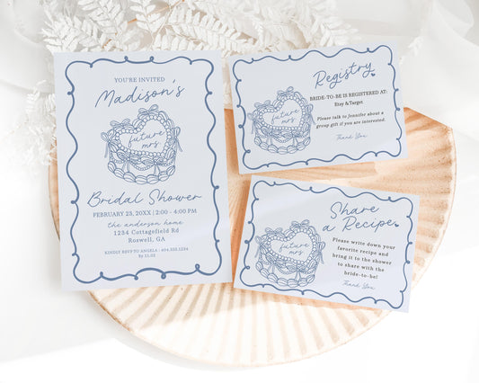 Blue Coquette Heart Cake Bridal Shower Invitation Template, Vintage Blue Bow French Theme Retro Wedding Cake Bridal Brunch WP1034