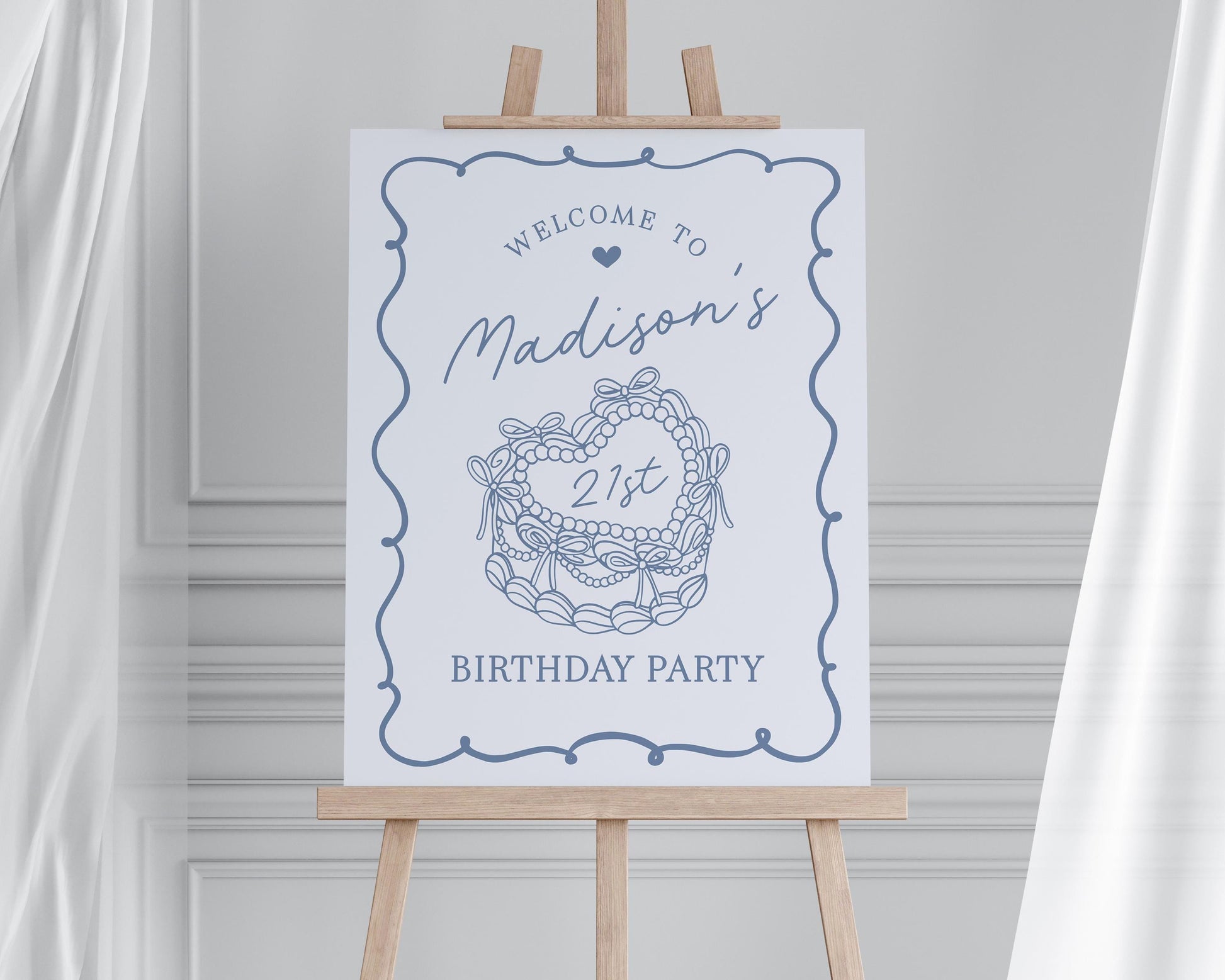 Blue Coquette Heart Cake Birthday Welcome Sign Printable Template, Vintage Blue Bow Cake for Sweet February Birthday Party Decor WP1034