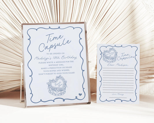 Blue Coquette Heart Cake Time Capsule Template, Vintage French Theme, Vintage Blue Bow Cake for Sweet February Birthday Party Decor WP1034