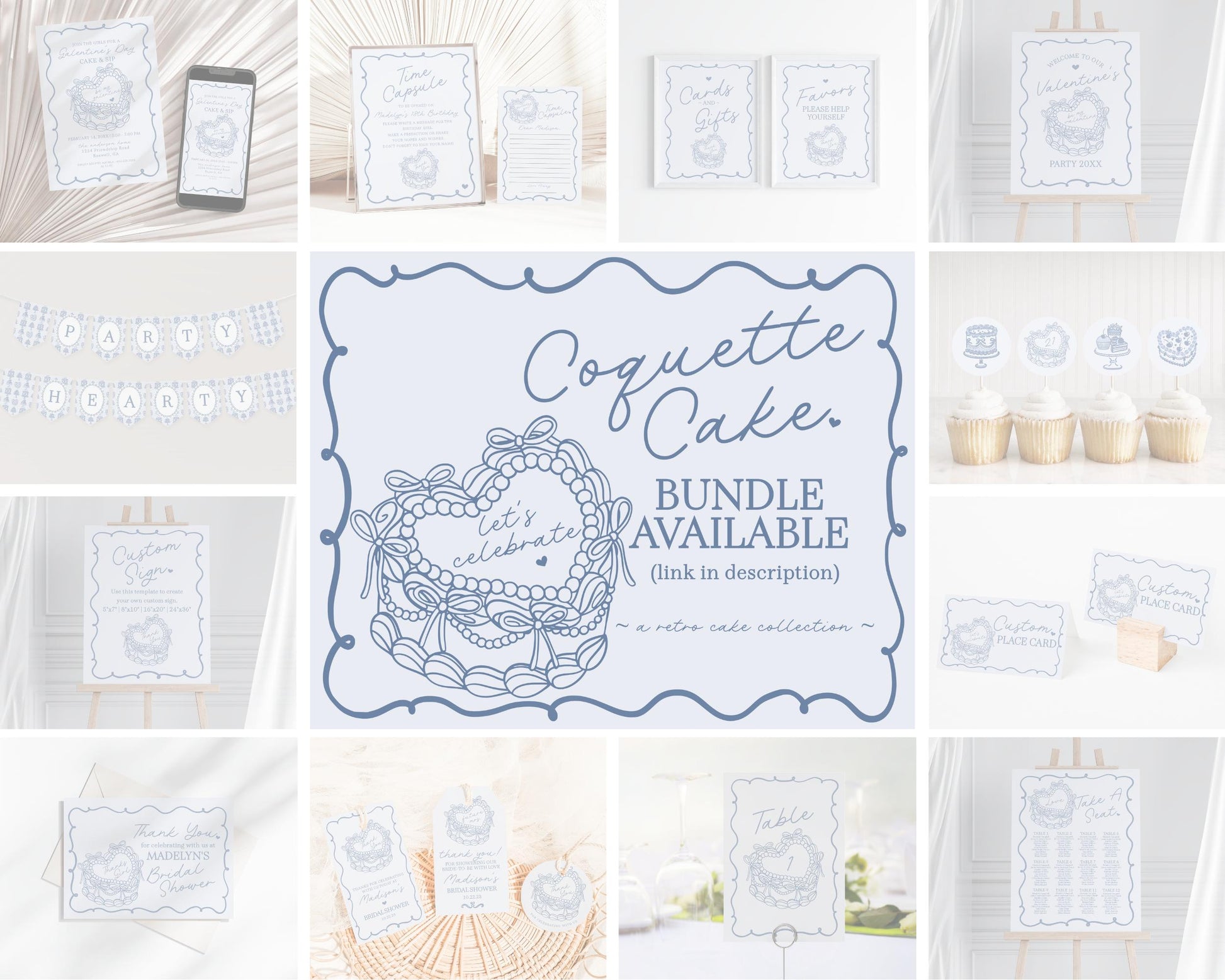 Blue Coquette Heart Cake Recipe Card Printable Template, Vintage Blue Bow French Theme Retro Wedding Cake Bridal Brunch WP1034