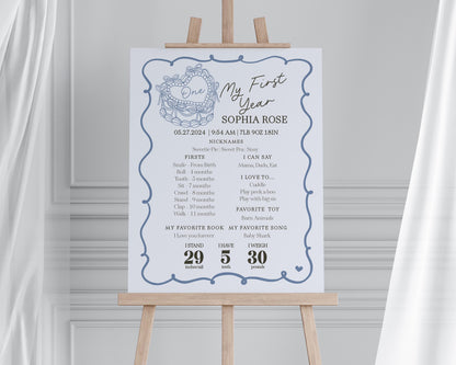 Blue Coquette Heart Cake First Year Milestone Sign Printable Template, Blue Bow Cake for Sweet February 1st Birthday Party Decor WP1034