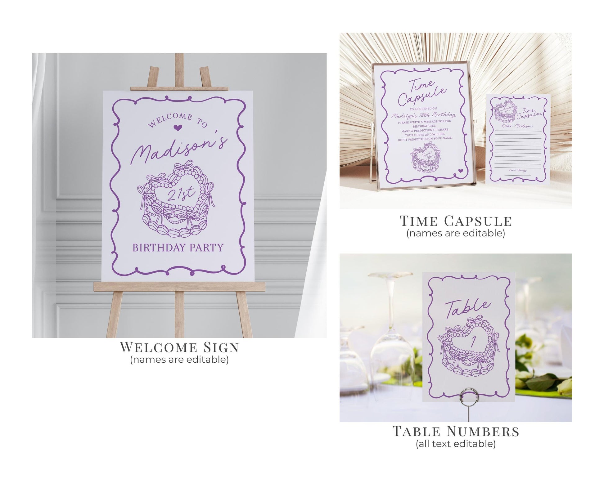 Purple Retro Heart Coquette Cake First Birthday Bundle Printable Template, Lavender Bow Cake for Sweet February Birthday Party Decor WP1035