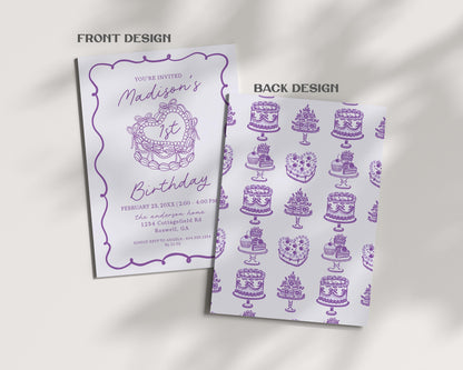 Purple Retro Heart Coquette Cake First Birthday Bundle Printable Template, Lavender Bow Cake for Sweet February Birthday Party Decor WP1035