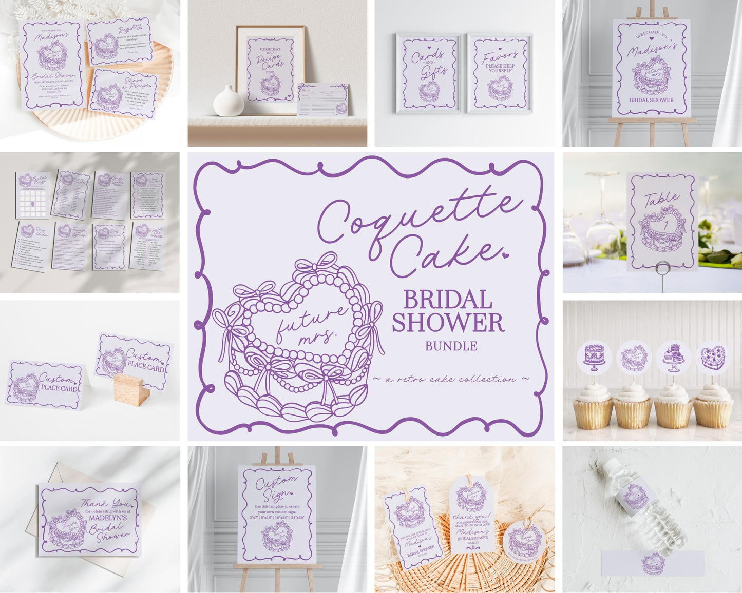 Purple Retro Coquette Heart Cake Bridal Shower Bundle Printable Template, Vintage Lavender Bow Theme Retro Wedding Cake Bridal Brunch WP1035