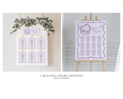 Purple Retro Coquette Heart Cake Bridal Shower Bundle Printable Template, Vintage Lavender Bow Theme Retro Wedding Cake Bridal Brunch WP1035