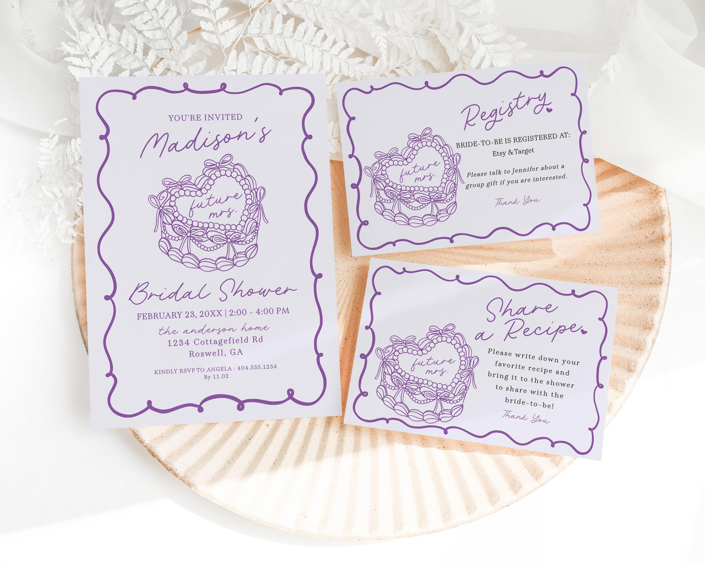 Purple Retro Coquette Heart Cake Bridal Shower Bundle Printable Template, Vintage Lavender Bow Theme Retro Wedding Cake Bridal Brunch WP1035