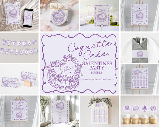 Purple Retro Coquette Heart Cake Galentines Bundle Template, Sweet Galentines Day Brunch Lavender Bow February Single Girls Night WP1035