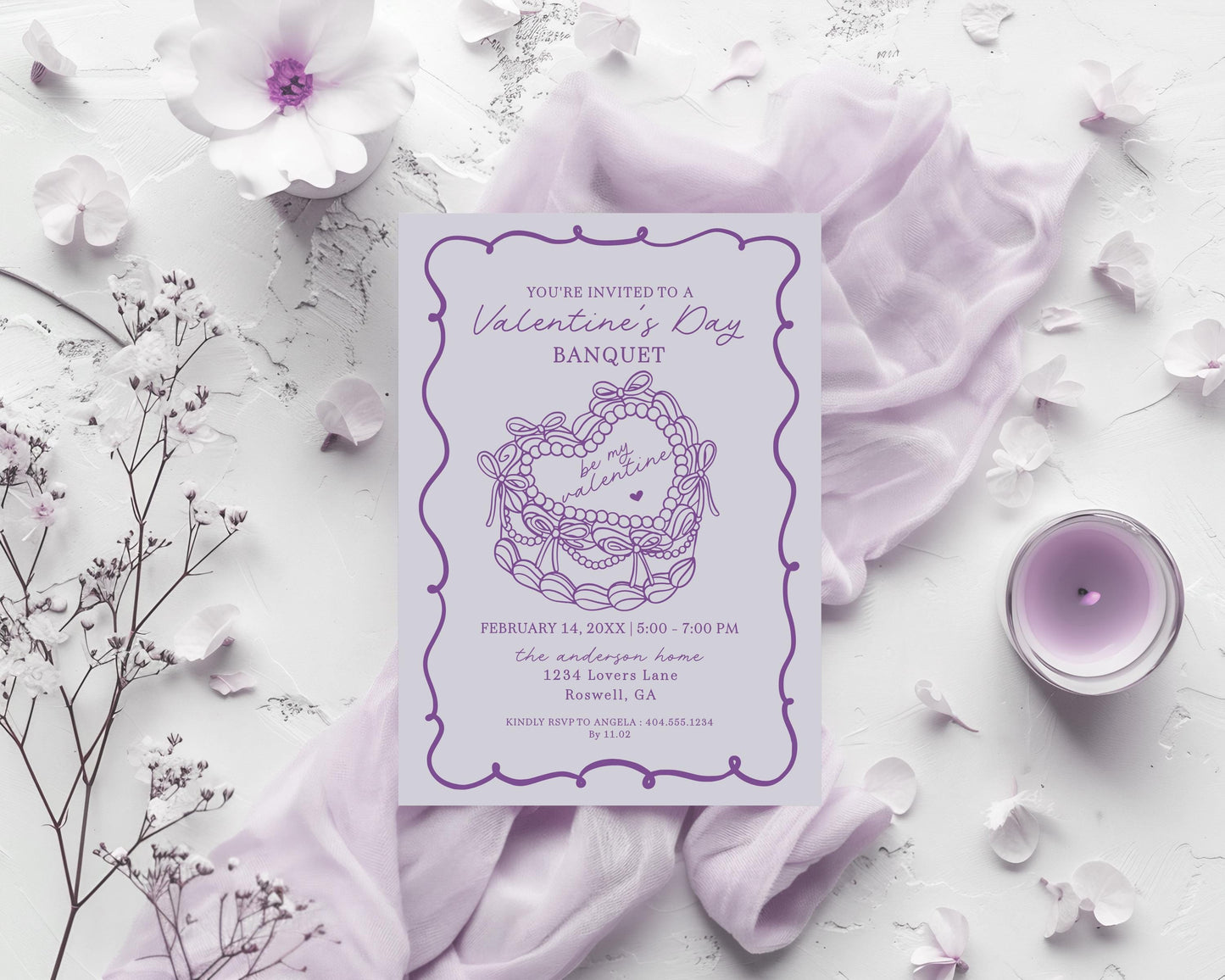 Purple Retro Coquette Heart Cake Valentines Party Bundle Template, Sweet Valentines Day Banquet, Lavender Bow February Couples Night WP1035