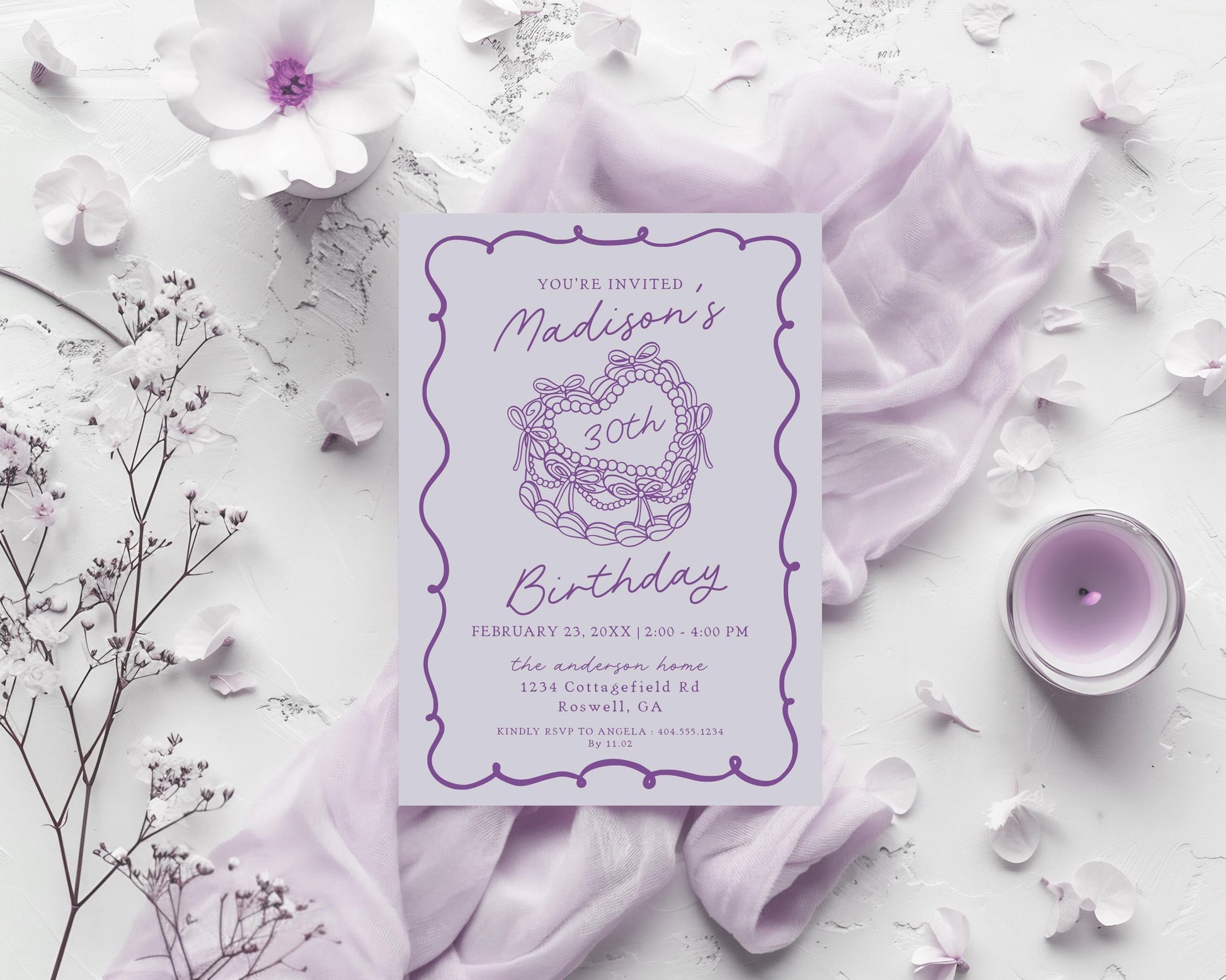 Purple Coquette Heart Cake Birthday Invitation Printable Template, Vintage Lavender Bow Cake for Sweet February Birthday Party Decor WP1035